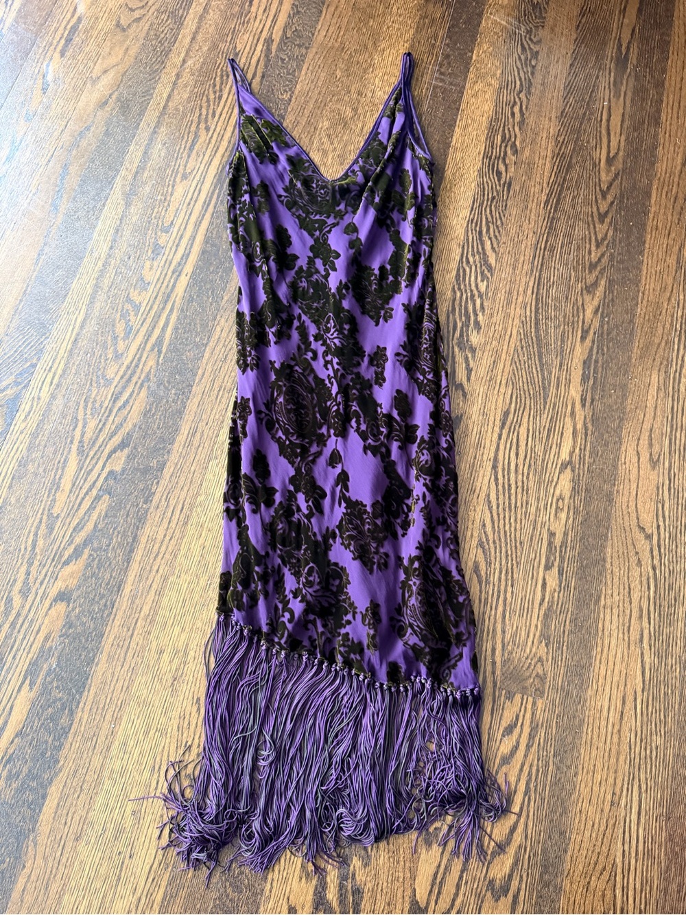 Tahari Deep Purple Evening Slip Dress fringe velvet 8 medium eggplant olive